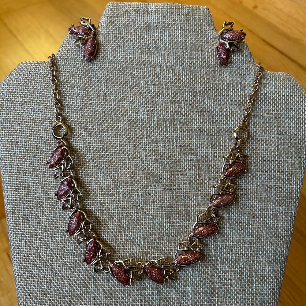 Vintage Copper Glittered Rhinestone Necklace and Clip Earrings in Gold Tone